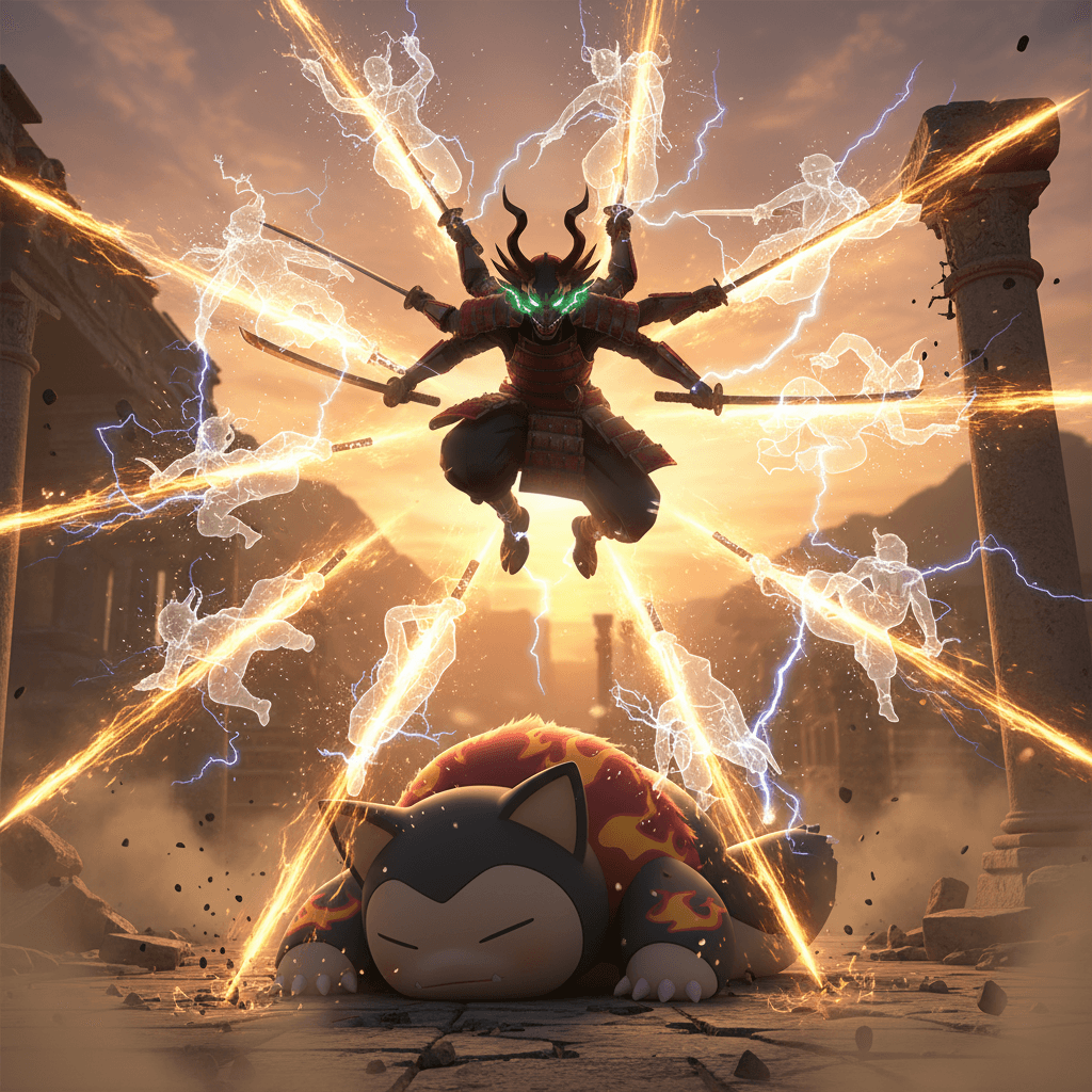 ジョーカーの切り札であるヨシツネの必殺技が、レッドのカビゴンに放たれる瞬間を描写し、記事のクライマックスを表現しています。