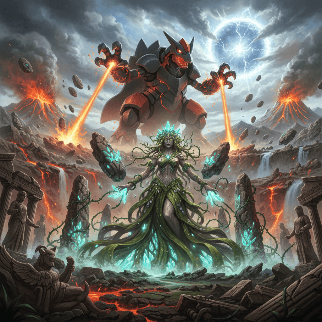 グラードンとガイアの激突を最新ゲームエンジンで再現したイメージ。物理演算とライティング技術を強調。