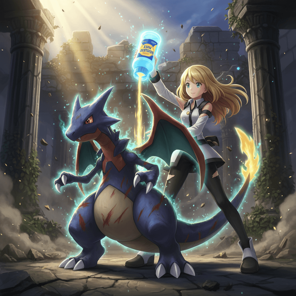 シロナが「かいふくのくすり」を使用し、ガブリアスが回復するシーンを表現。クラウドが警戒する様子や、ポケモンバトルらしいインターフェース要素を加えて、戦略的な雰囲気を出す。