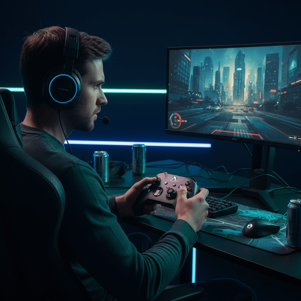 ゲーマーがXbox Eliteコントローラーを使用し、バイオハザードでゾンビの大群に立ち向かう様子を描写し、記事でおすすめされているデバイスの使用感を伝えます。