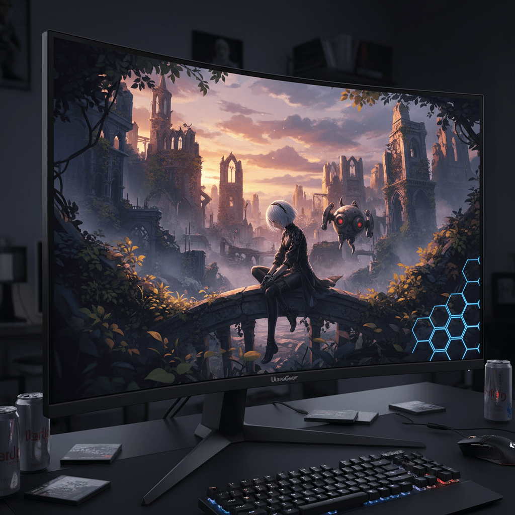 LG UltraGearモニターを通して見るNieR:Automataの世界を描写。Nの姿を反射させることで、2つの世界の繋がりと「真実」への渇望を表現し、モニターの性能をアピールします。