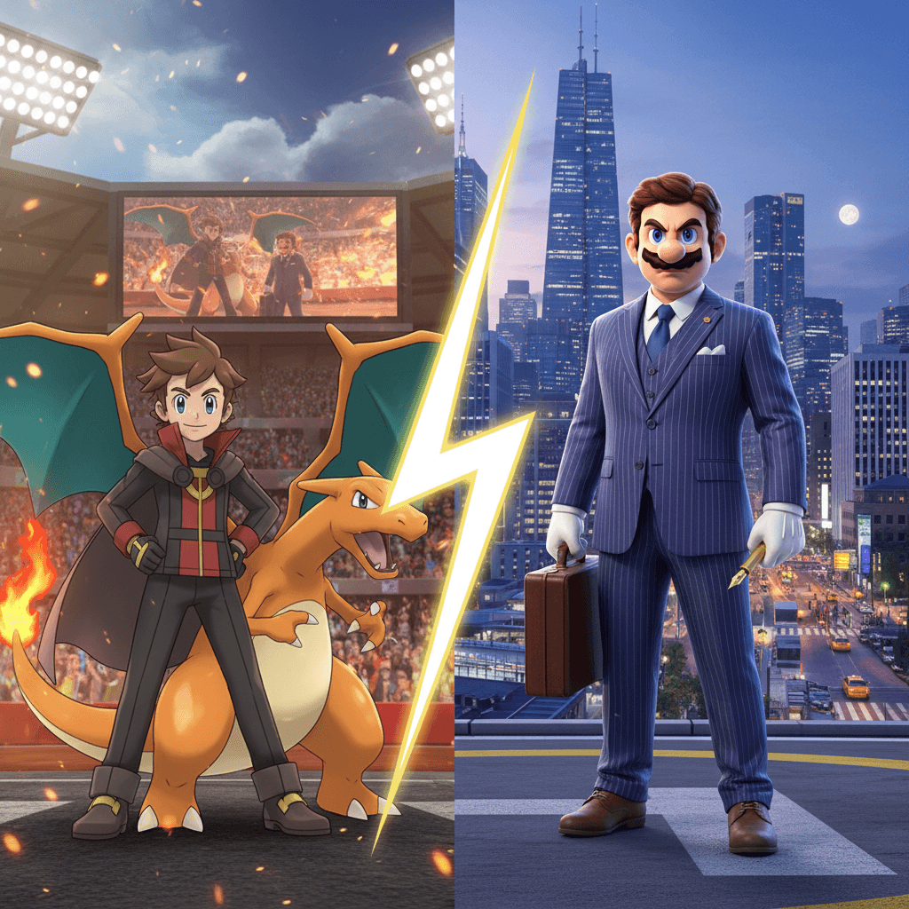 ダンデとマリオ、それぞれのエンターテイナーとしてのスタイルを比較する、対比的なイメージ。