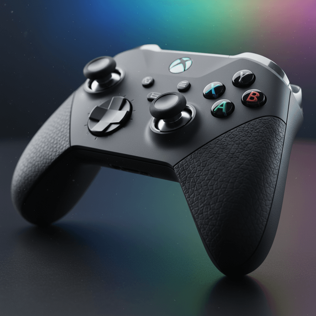 記事で紹介されているXbox Eliteコントローラーの利点を視覚化。背面パドルにフォーカスし、ゲッコウガが映るモニターを背景に配置することで、コントローラーがゲーム体験を向上させる様子を表現しています。