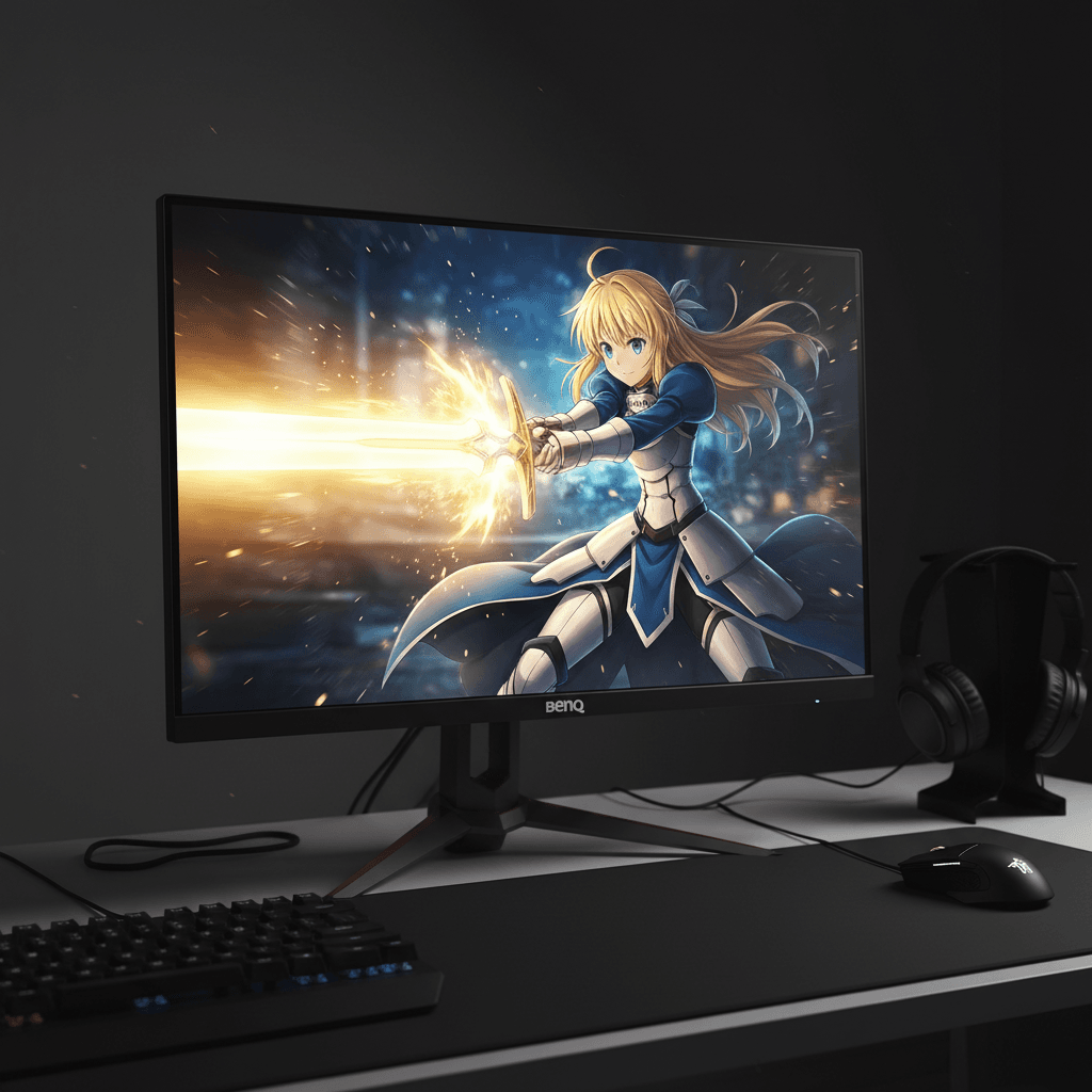 記事後半のゲーミング環境紹介部分から、アルトリアの宝具を、推奨モニターで体験するシーンを切り出します。