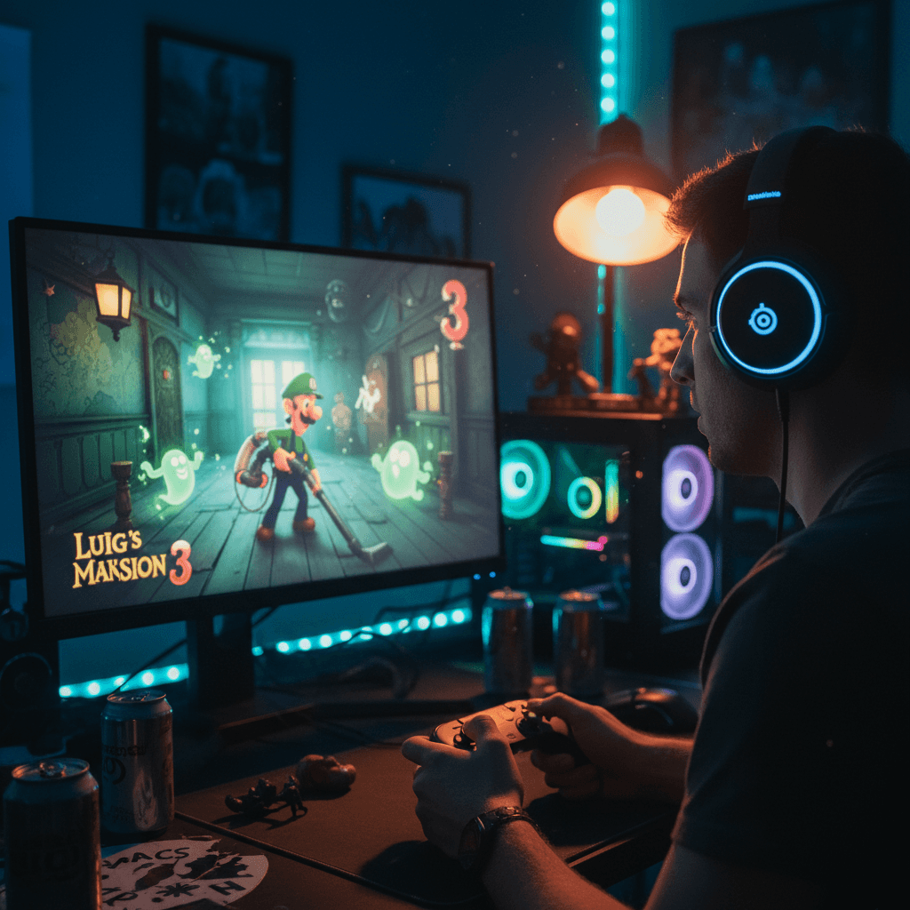 快適なホラーゲーム体験のためのゲーミング環境をイメージしています。記事で紹介されているヘッドセットとmicroSDカードを具体的に描写し、読者に訴求します。