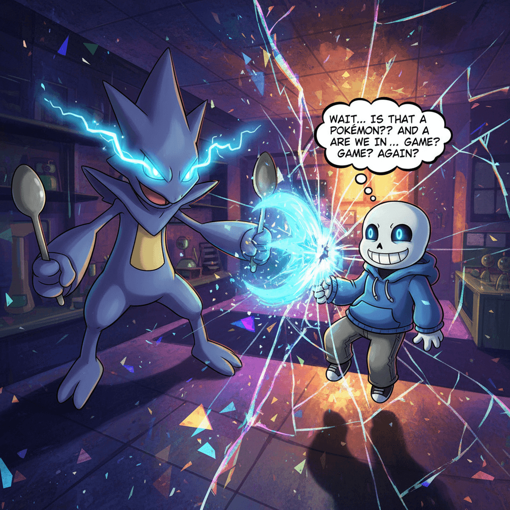 フーディンがサンズの精神に干渉し、第四の壁を越えるシーンを描写。背景にPS5の価格タグやDDR5メモリを配置することで、記事後半のメタ要素を表現。