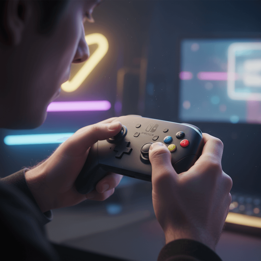 心理戦に不可欠な正確な操作と情報収集をサポートするゲーミングギア（プロコン、モニター、ヘッドセット）の使用シーンを表現。快適なプレイ環境を強調。