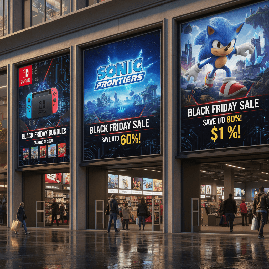 記事のセール情報に関する記述を視覚化し、Black Fridayの熱狂とゲーミングギアの割引を表現しています。