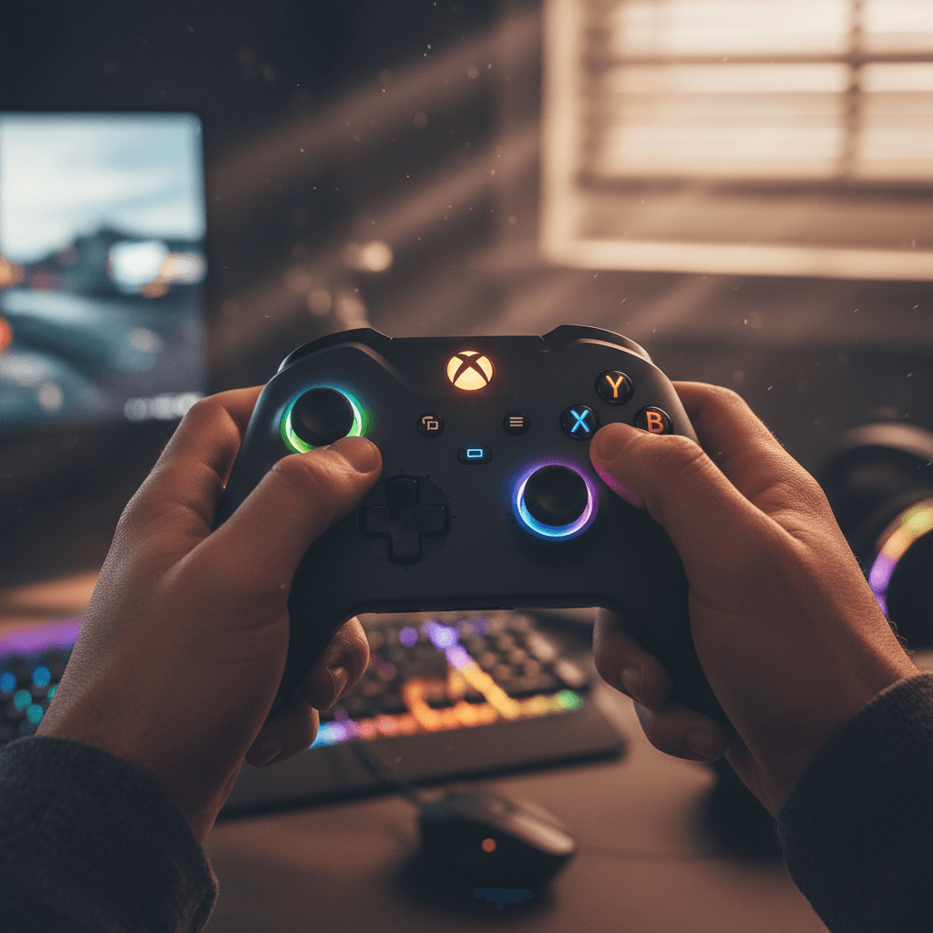 記事後半のコントローラーの重要性に焦点を当て、高品質コントローラーを通してゲーム世界へ没入していくイメージ。テツノブジンと2Bが画面に表示されていることで、対象ゲームを示唆します。