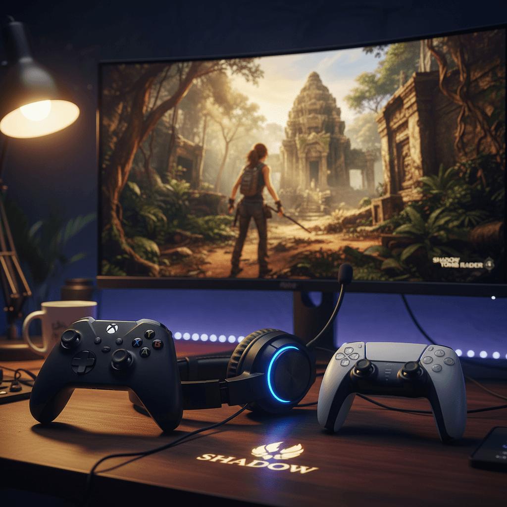 記事の「巨大ボス戦を楽しむためのゲーミング環境」を表現。推奨コントローラーとヘッドセットが描かれた、臨場感あふれるゲーム環境を視覚化します。