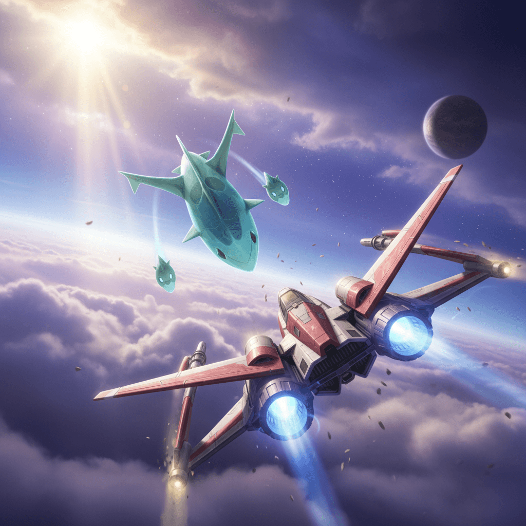 接近戦におけるドラパルトの奇襲と、アーウィンのサマーソルトによる回避を描写しています。記事のフェーズ3（接近戦）を視覚化し、両者の機動力を表現。