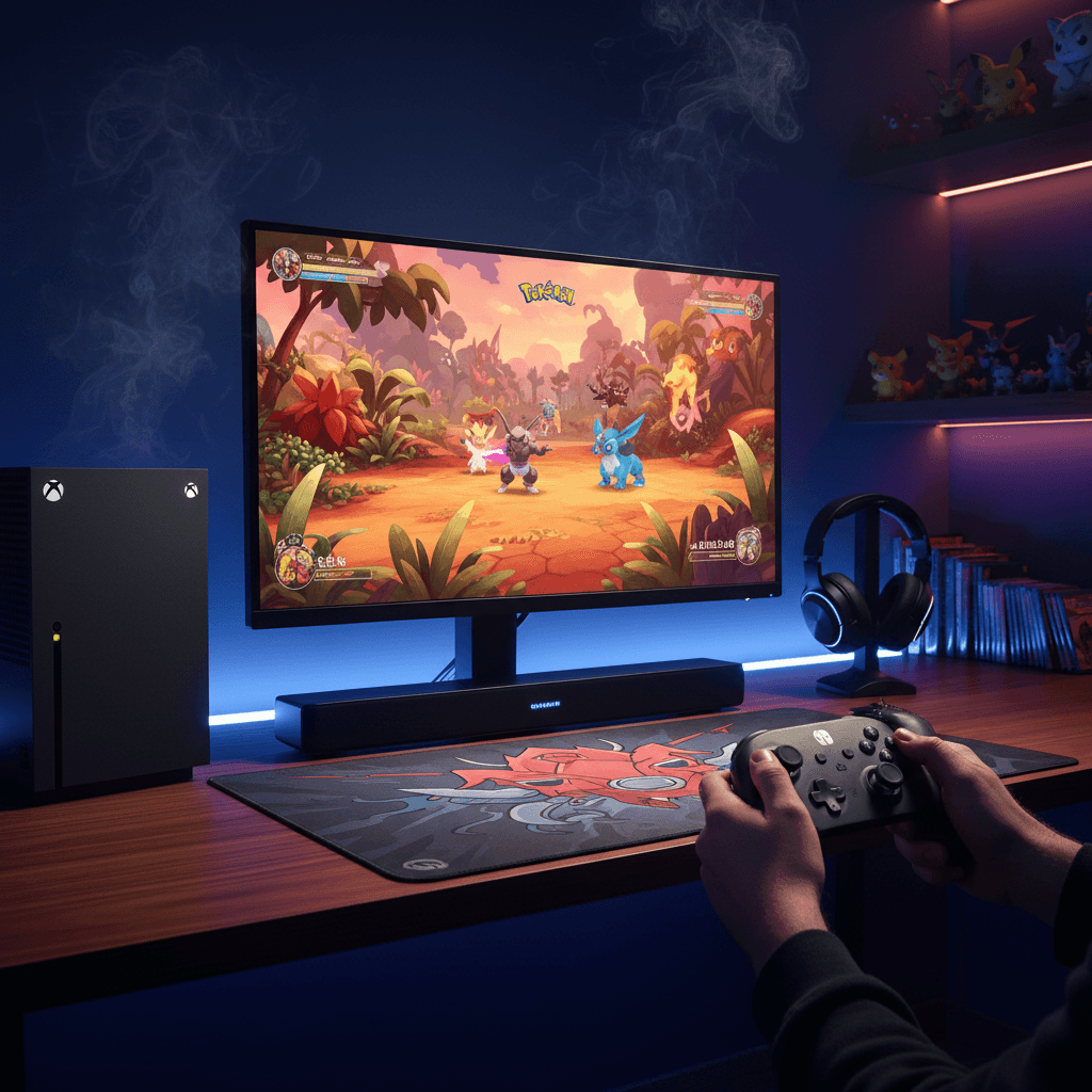 記事で推奨されているゲーミングデバイス（コントローラー、ヘッドセット）を使用し、イーブイとチョッパーそれぞれのゲームをプレイしている様子を描写することで、記事における「快適なプレイ環境」の重要性を表現します。