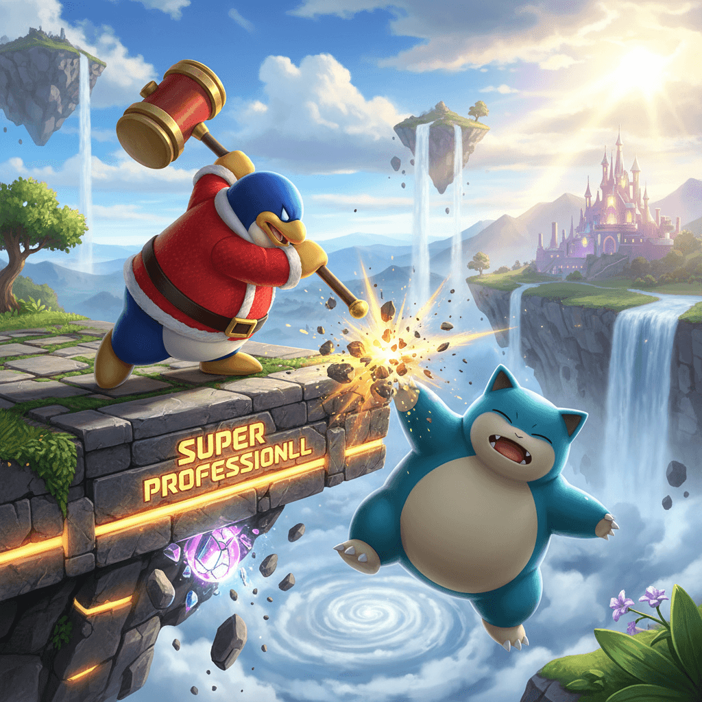 記事の最終予測である「スマブラでの対決」を表現。デデデ大王がスマブラのステージでカビゴンを場外に追い出す様子を描き、デデデ大王の優位性を示唆しています。