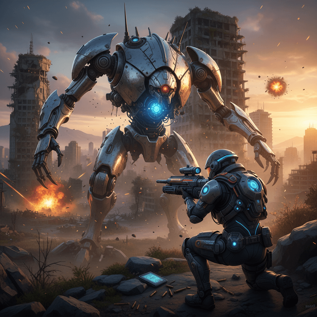 RTX 4060グラボとDLSSによる快適なゲームプレイと、巨大な機械兵器への正確なエイムを表現。記事におけるグラボの重要性を示唆。