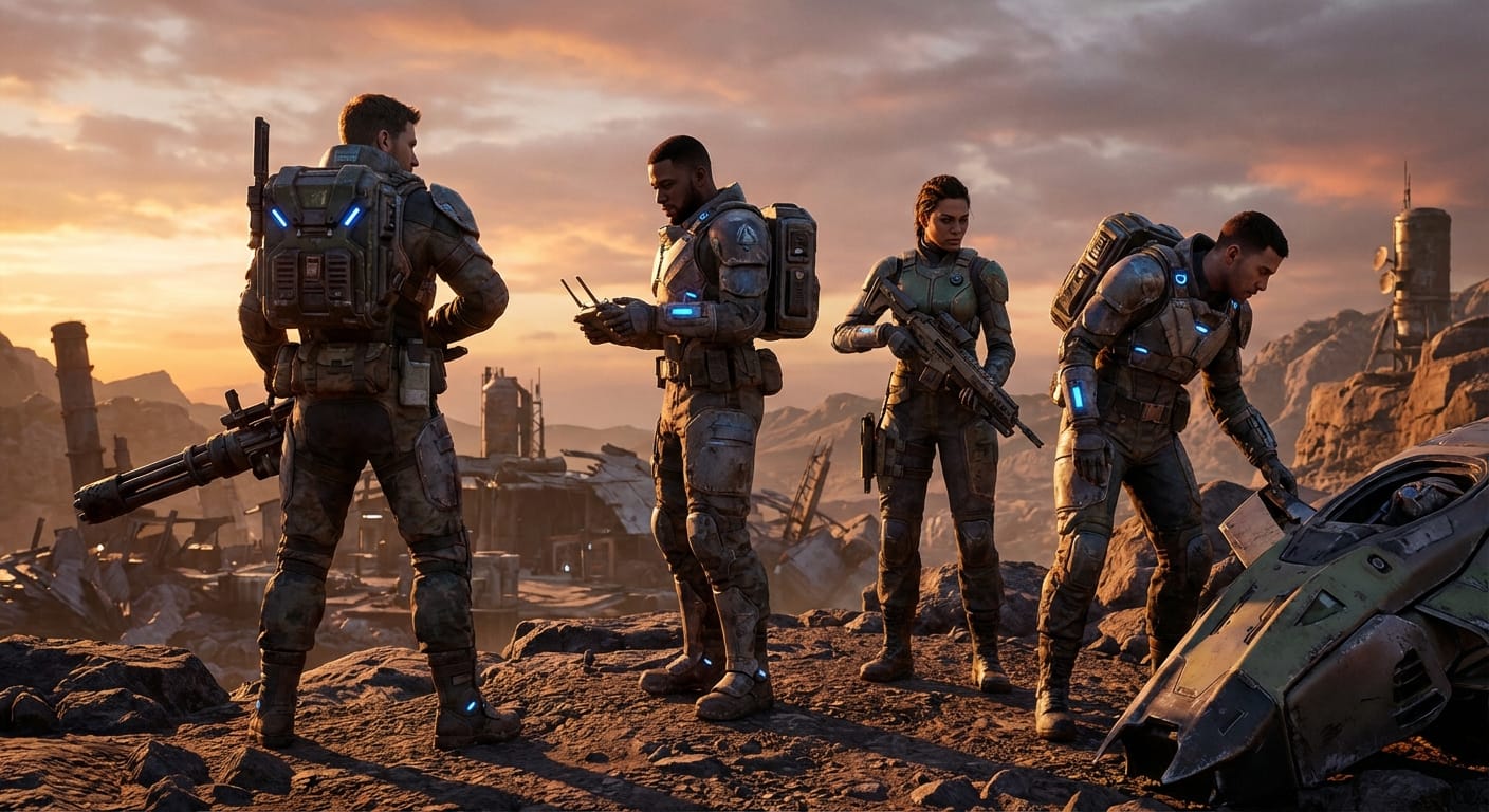 チーム連携の重要性を表現。緊迫感のある戦闘シーンと、VCで連携を取り合うプレイヤーの様子を描写することで、記事の「チーム連携がマジで命綱！コミュニケーションの重要性」セクションを視覚的に強調します。