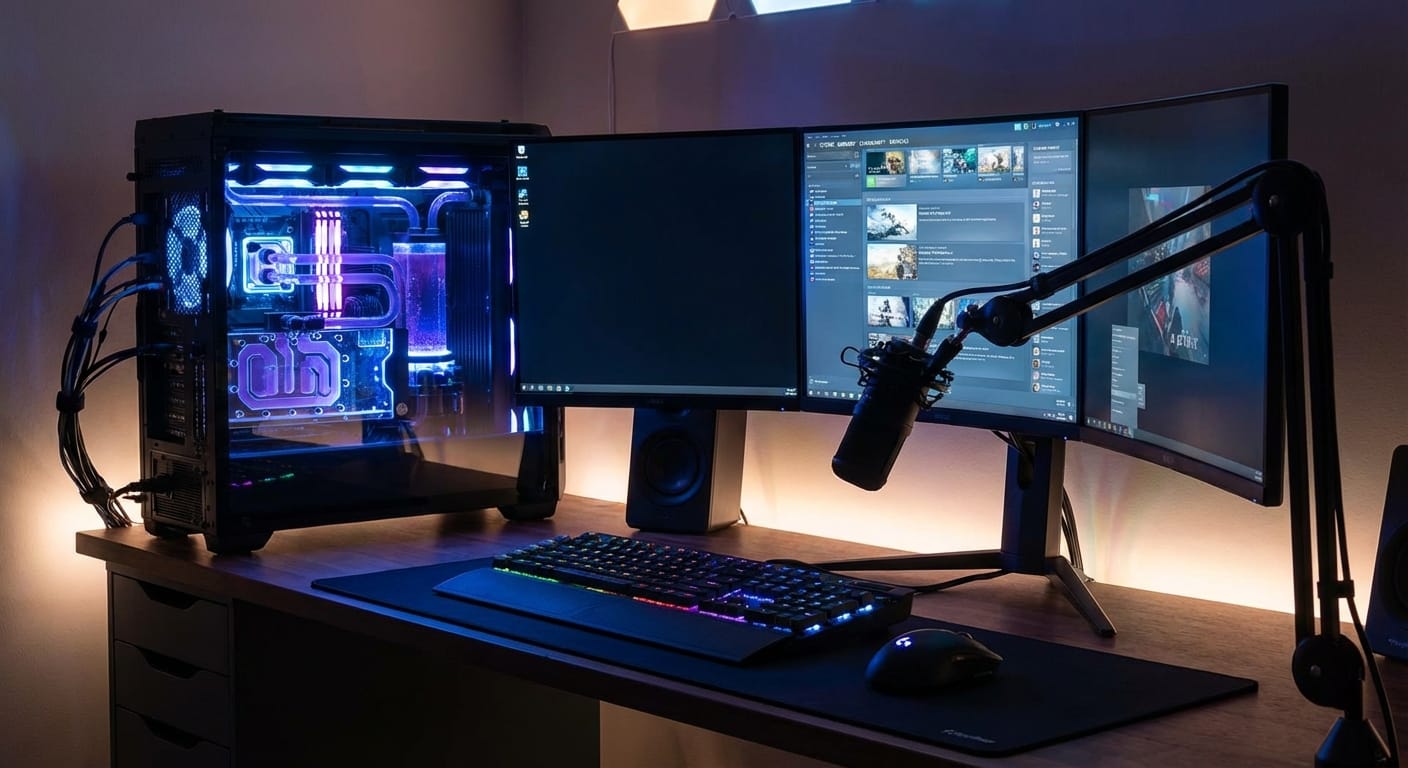 「ゲーミングギアで環境を整える！マジで変わるプレイ体験」セクションを表現。高性能なゲーミングデバイスをクローズアップで捉え、高品質なライティングと鮮明なディテールで、その魅力を最大限に引き出します。ゲーミング環境への投資がプレイ体験を向上させることを視覚的に訴えます。