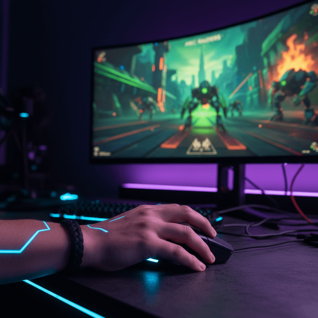 軽量マウスによる正確なエイム操作と、ドローンの弱点狙撃を表現。記事におけるデバイスの重要性を示唆し、特定の製品名を記載。