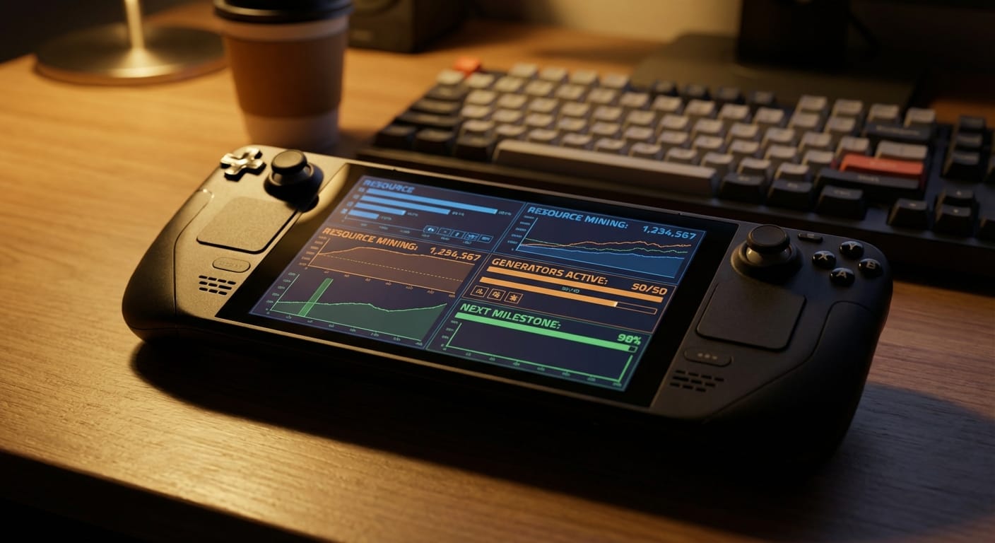 携帯型ゲーミングPC（Steam Deck）で放置ゲームを快適にプレイする様子を描写し、記事の2.1節「携帯型ゲーミングPC（Steam Deck等）との親和性」の内容を具現化します。リラックスした雰囲気とSteam Deckの画面に焦点を当てることで、記事で言及されている利便性を強調します。