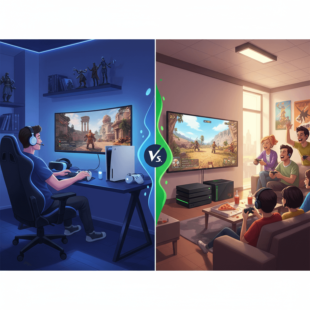 PlayStationとXbox比較 2026年はどっちで始めるべきかの比較ポイントを整理したイメージ